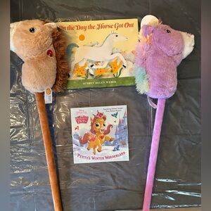 New Brown Horse & Purple Unicorn Plush Toys & two new kids books about horses.